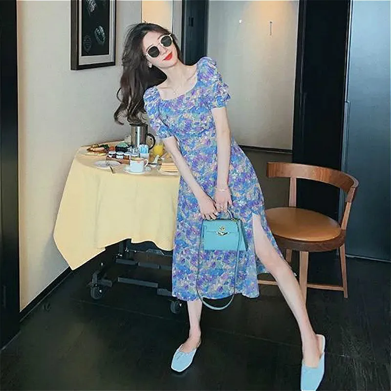 

Dress Women Short Sleeve Elegant Summer Dresses Design Lovely Aesthetic Print Vintage Ins Square Collar Side Slit Artistic Party