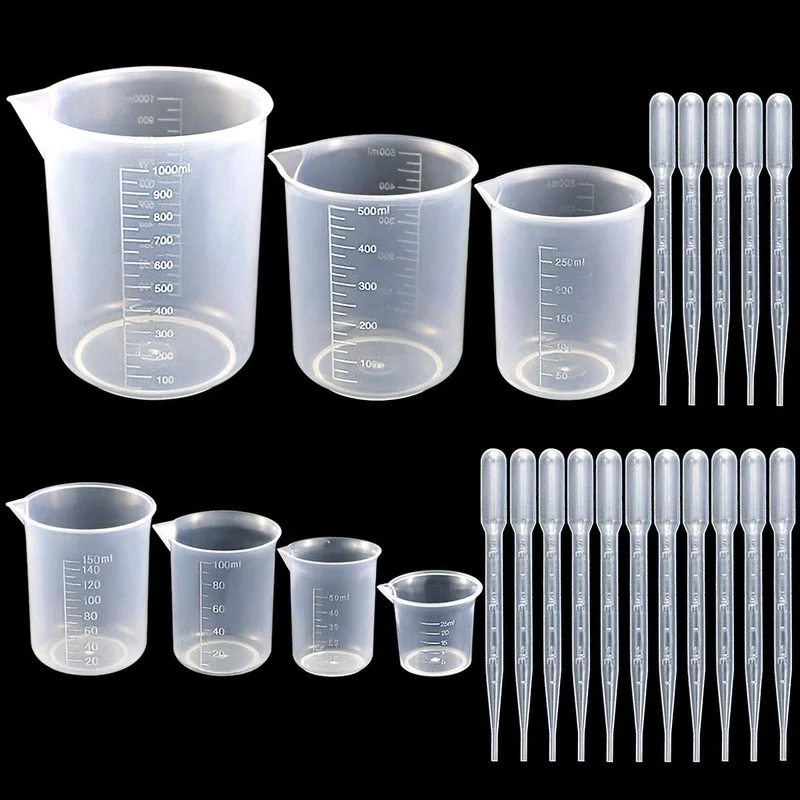 

7 Sizes Plastic Beaker Set,Clear Measuring Graduated Liquid Container Beakers in 25ml-1000ml 20 PCS Plastic Droppers in3ml