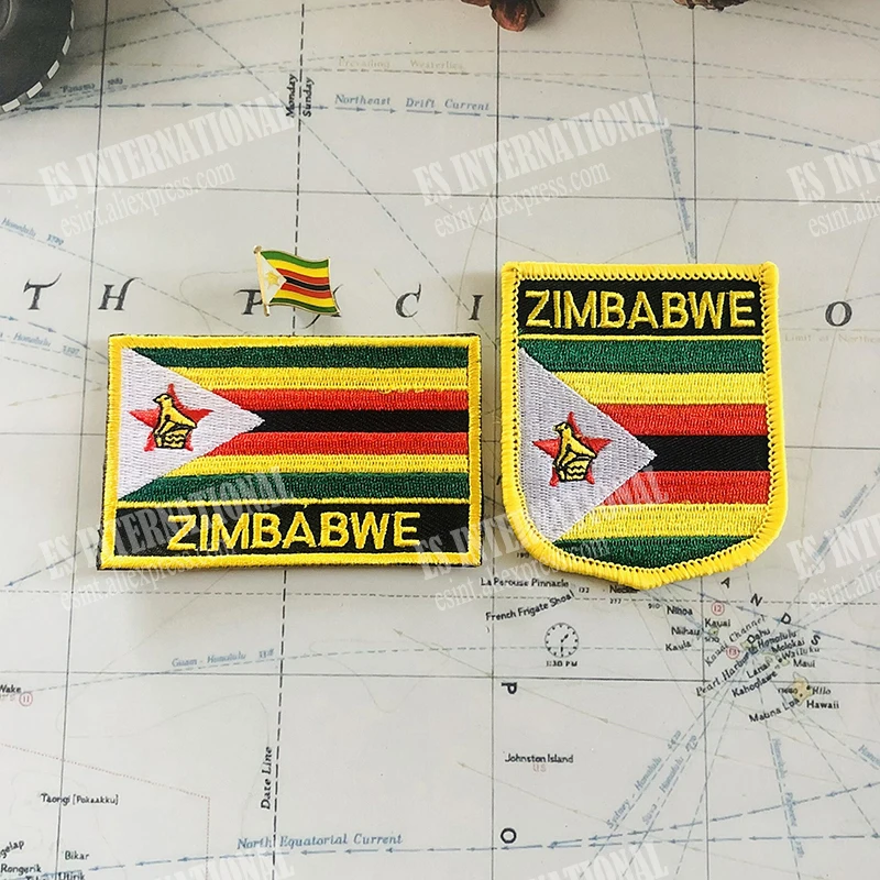 ZIMBABWE National Flag Embroidery Patches Badge Shield And Square Shape Pin One Set On The Cloth Armband   Backpack  Decoration