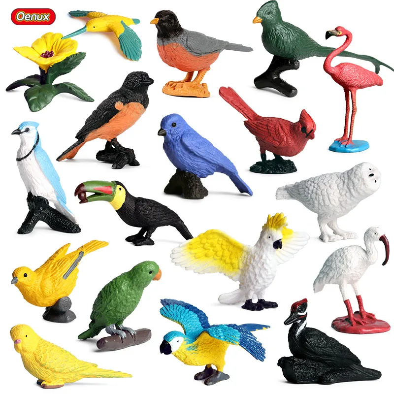 

Oenux 17PCS Bird Animal Parrot Flamingos Snowy Owl Toucan Model Action Figure Figurines Cake Toppers Miniature Education Kid Toy