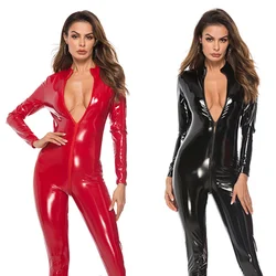 Erotic Women Latex Lingerie Playsuit Sexy Lingerie Zipper Jumpsuit Romper  Long Sleeve Night Club Bodysuit Sex Products