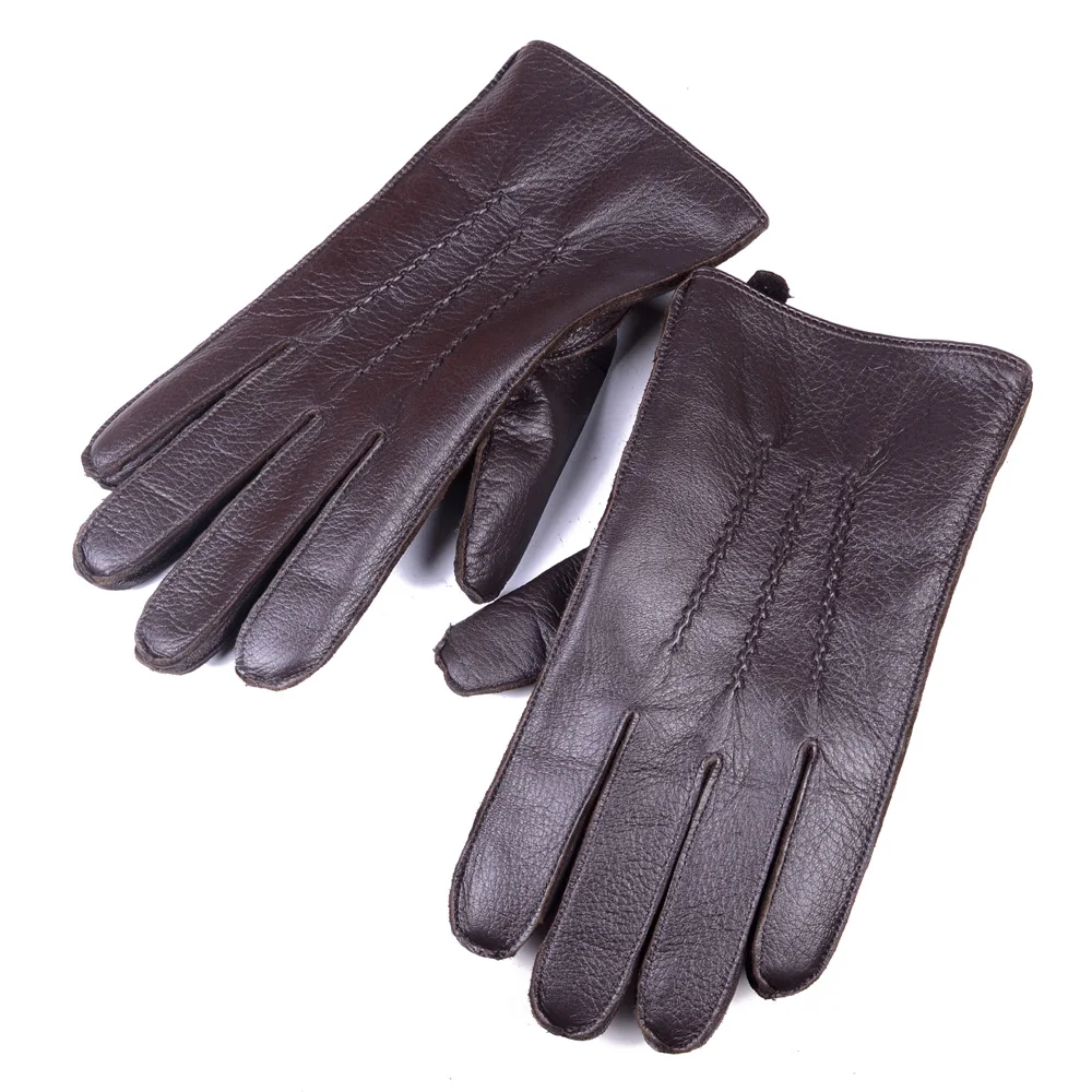 Gants courts d\'hiver en cuir véritable de cerf pour hommes, boutons de poignet, gants de conduite chauds, gants d\'extérieur