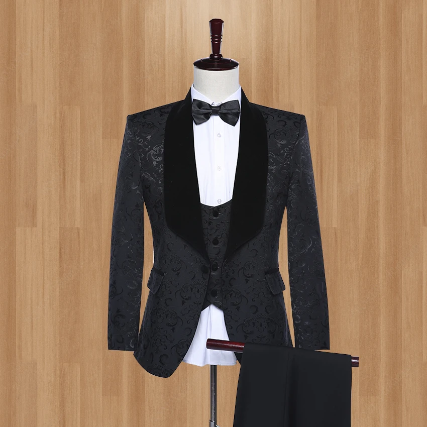 

2021 Black Paisley Velvet Shawl Lapel Slim Fit Groom Tuxedos Men Suits Terno Masculino Men Wedding Suits For Men Prom Tuxedo