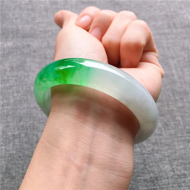 zheru Pure Natural Myanmar Jade A-Class 53mm-62mm Ice Green Bi-Color Bracelet Elegant Princess Bracelet Send Certificate