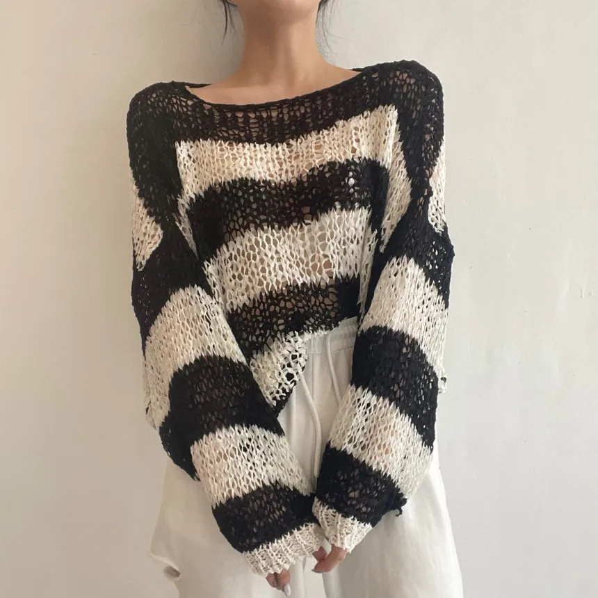 Fashion Striped Knitted Sweater with Hollow Out Thin Diagonal Collar Long Sleeved Casual Sun Protection Women\'s Loose Top 2023