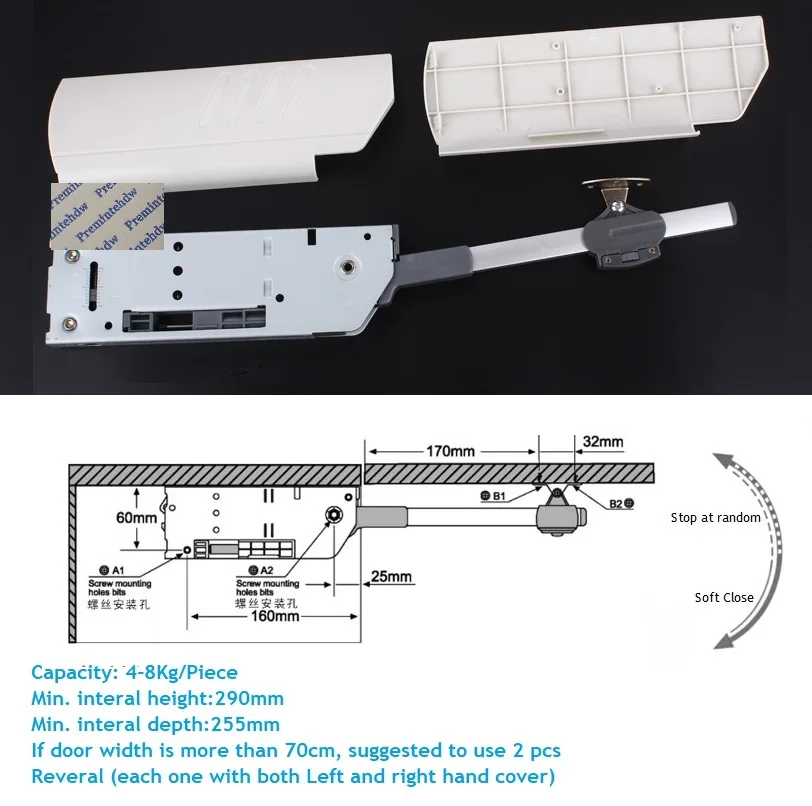 Adjustable Hydraulic Soft Close Strut Down Lid Stay Kitchen Cabinet Lift Up Support Suspension Free Parking