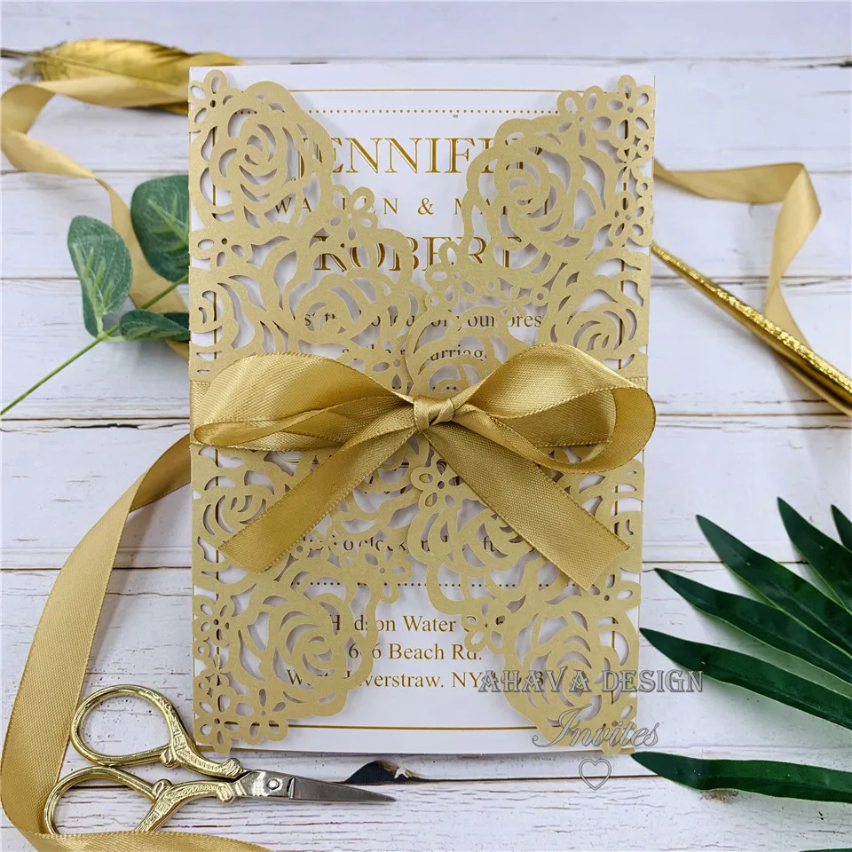 

Shimmery Gold Laser Cut Personalized Invites with Printed Insert And Bowtie