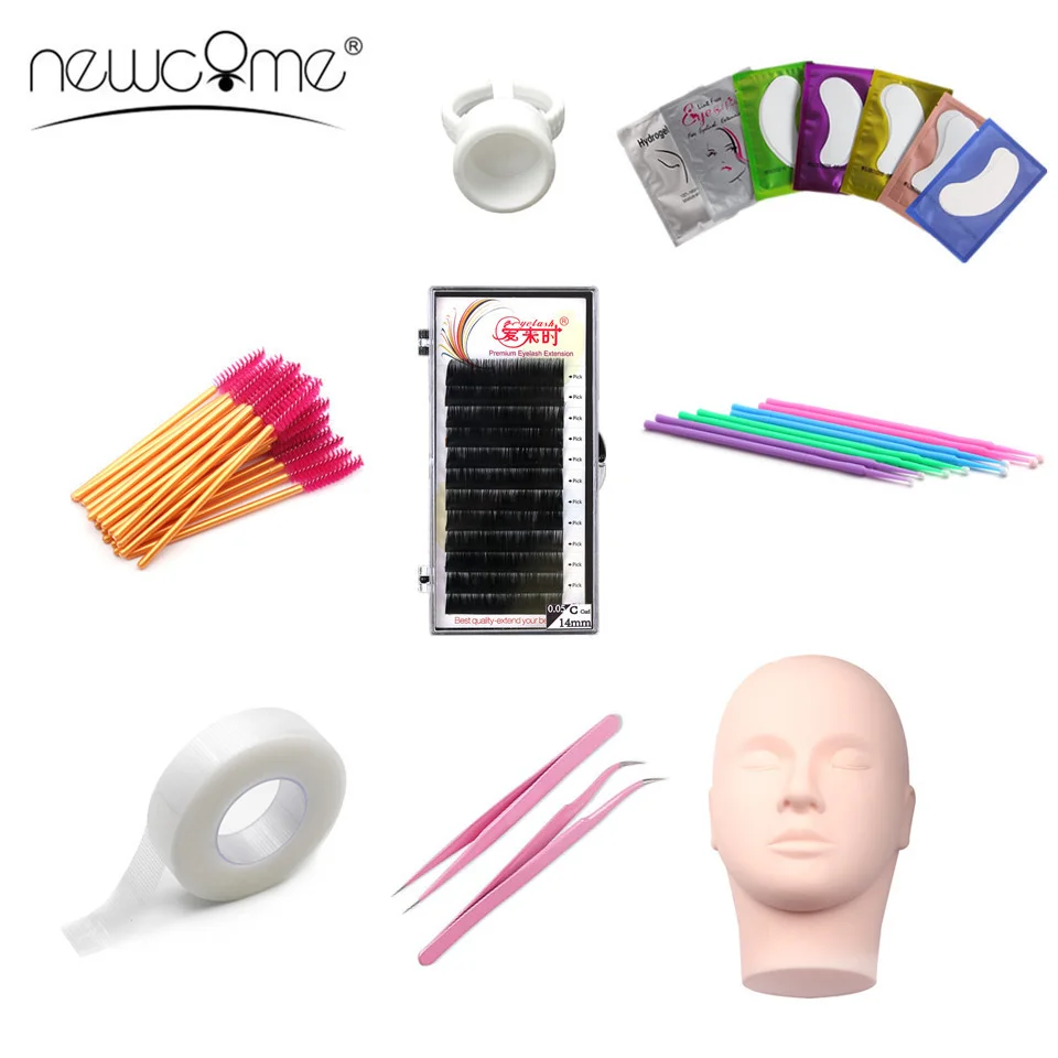 NEWCOME Professional Individual Eyelash Extension Training Kit Practice Mannequin Head Set False Eyelash Grafting Makeup Tools