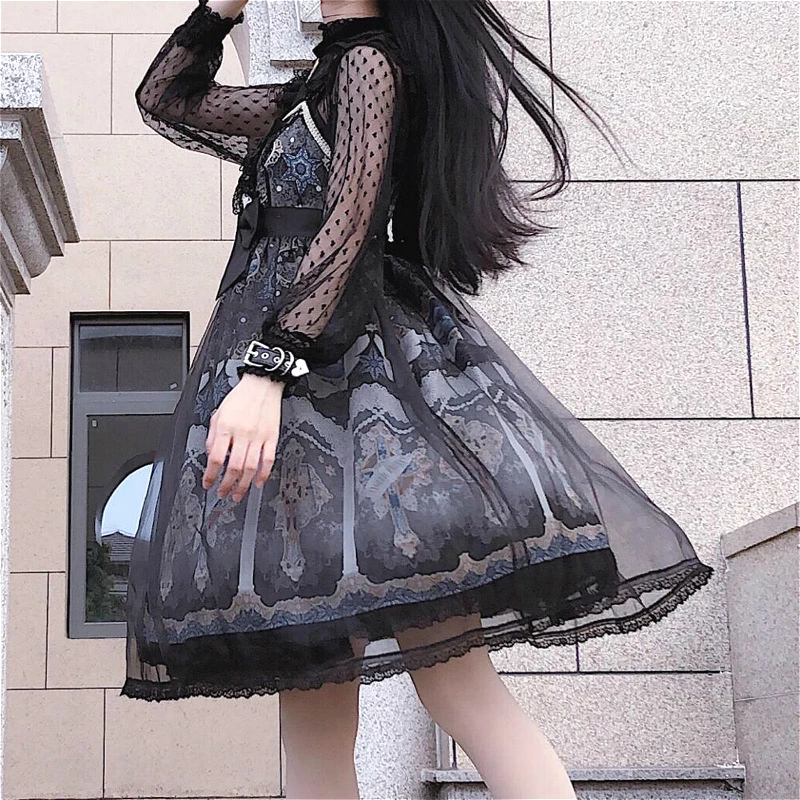 

Gothic Lolita Style Jsk Dress Anime Vintage Lace Pearl Cross Bowknot Mesh Kawaii Print Gothic Lolita Jsk High Waist Cute Dress