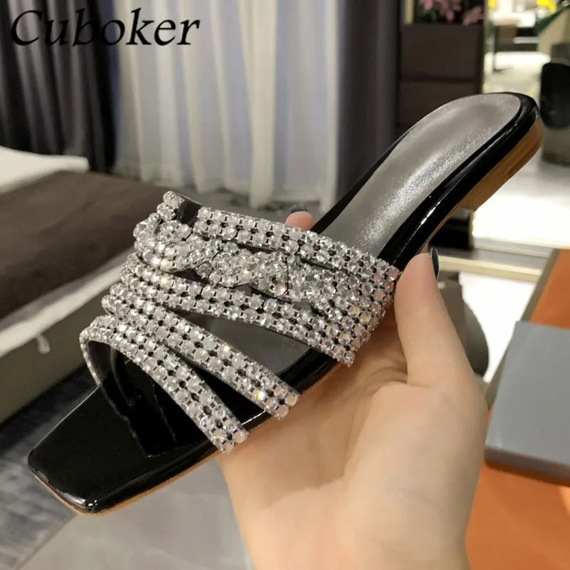 Brand Runway Square Toe Women Crystal Slippers Rhinestone Female Slides Flat With Bling Slippers Summer Party Dress Shoes Women