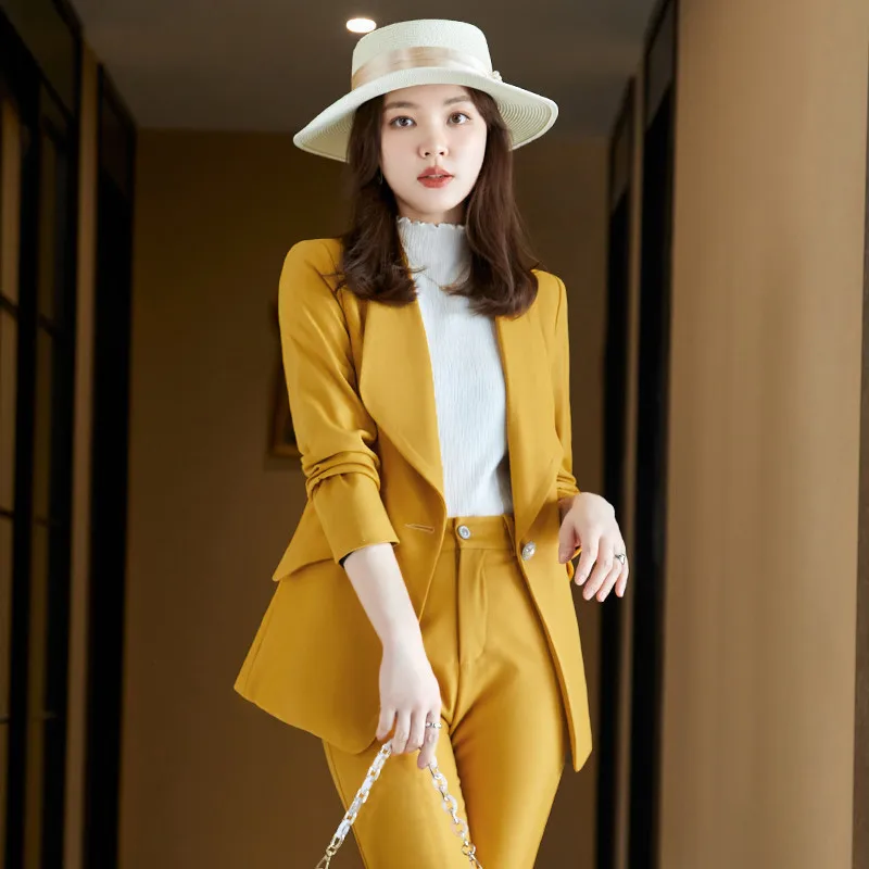 Ladies Elegant Yellow Formal Uniform Designs Pantsuits Women Business Work Wear Pants and Jakets Coat OL Style Blazers Set