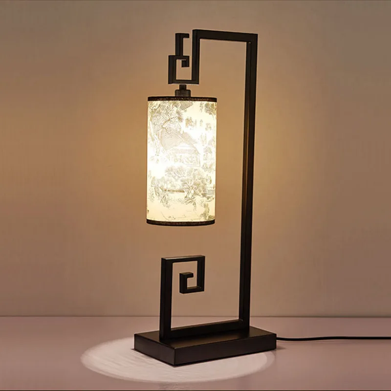 GY New Chinese Classic Ming Style Table Lamp Living Room Study Bedroom Bedside Lamp Zen Retro Pattern Personalized Reading Lamp