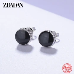 ZDADAN 925 Sterling Silver 8mm Black Round Stud Earring For Women Fashion Wedding Jewelry Party Gift