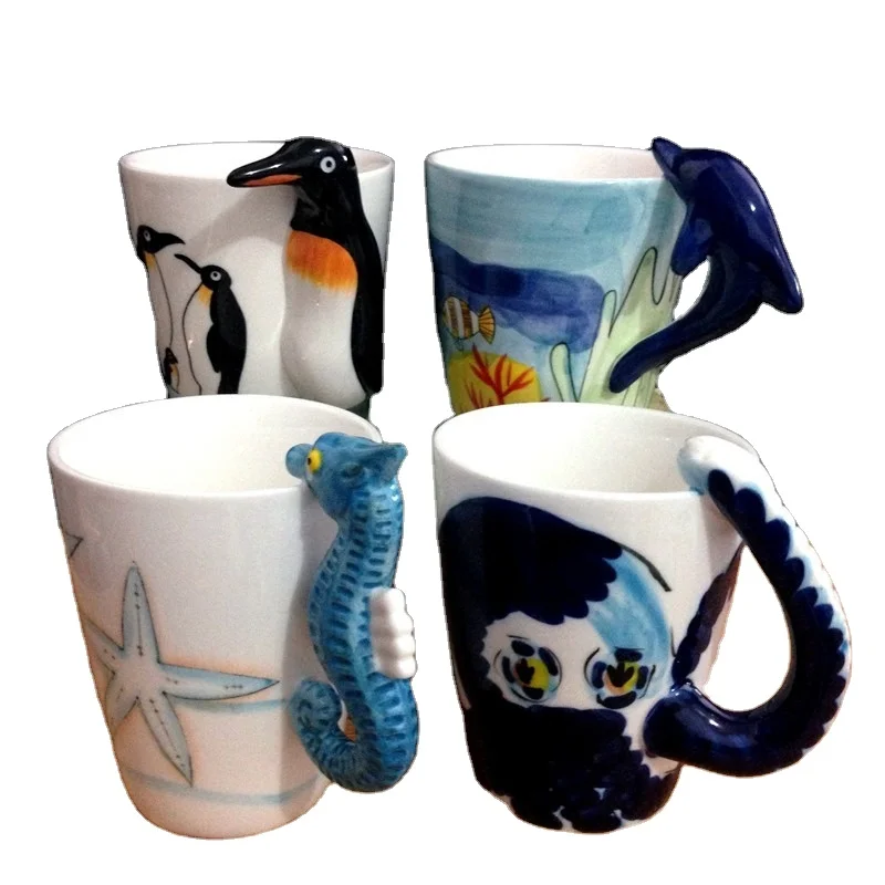 3D Marine Life Dolphin Ceramic Water Cup Penguin Cup Octopus Creative Small Animal Mug Seahorse Coffee Cup for children