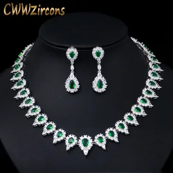 CWWZircons Shiny Green Crystal Cubic Zirconia Women Wedding Banquet Jewelry Sets Round Choker Party Necklace and Earrings T435