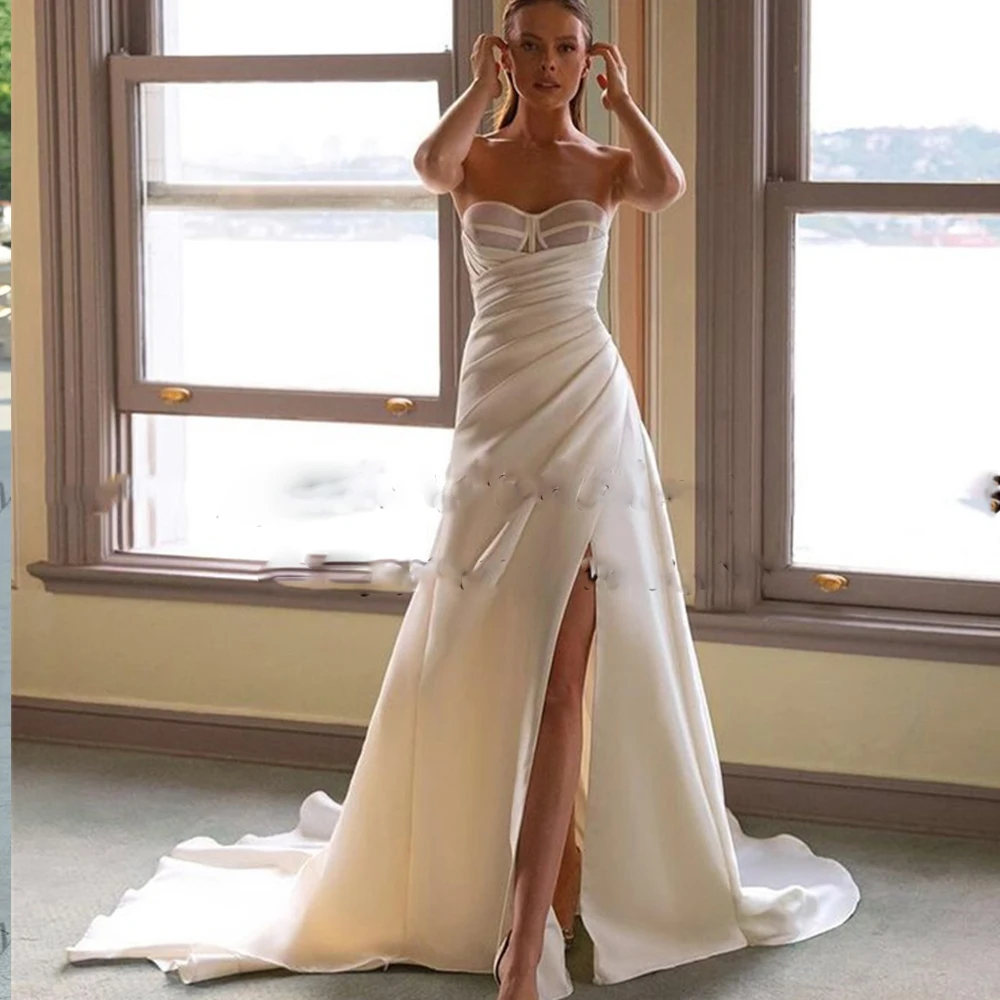 Princess Satin Simple Wedding Dresses Long DetachableTrain  Bridal Gowns Side Slit Beach Gorgeous Dress Country Gown Robe De M