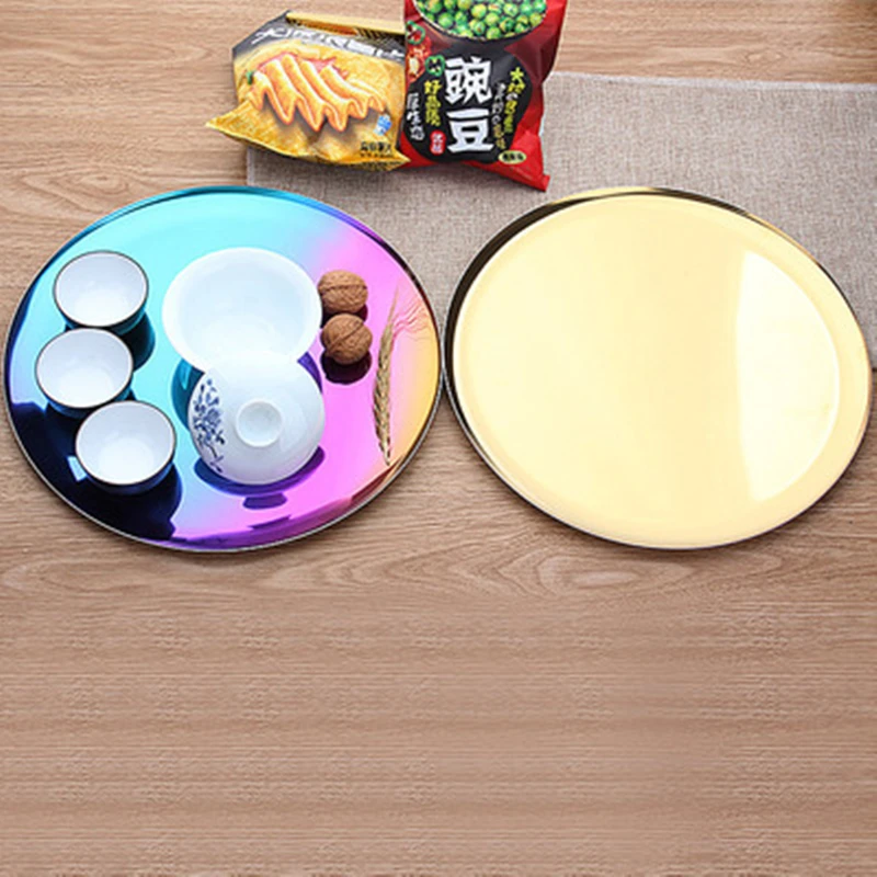 

28cm gold / color disc metal round tray 430 stainless steel rainbow fruit tea jewelry display plate decorative