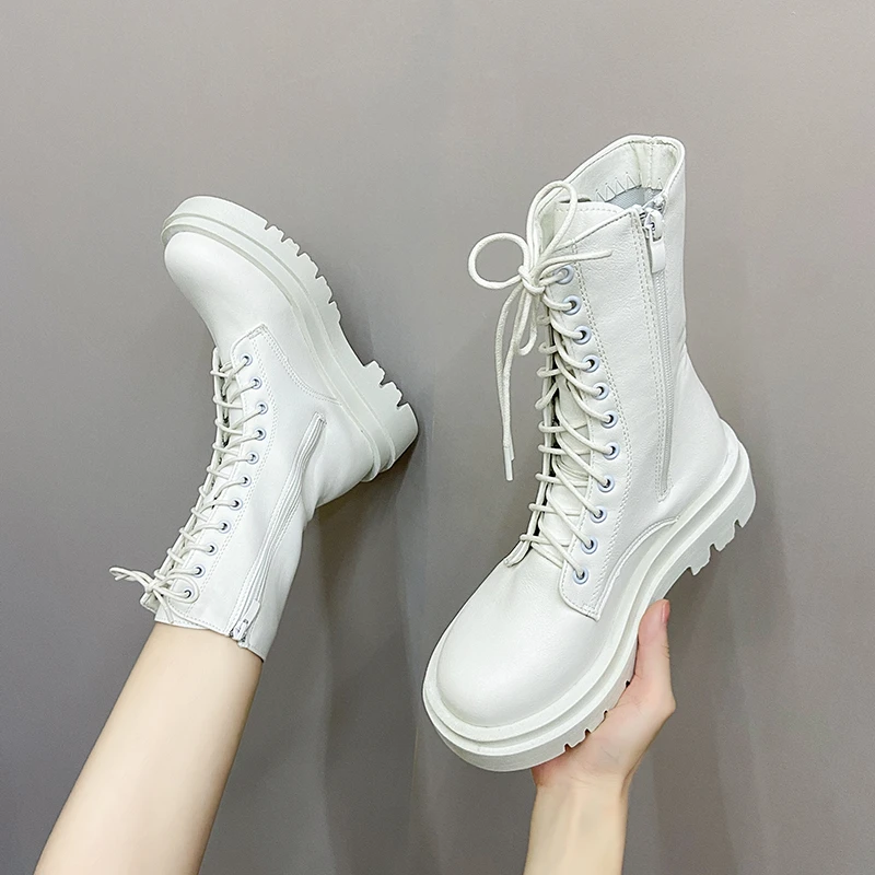 2021 Women Boots PU White Mid Calf Boots Autumn Winter Motorcycle Boots Fashion Female Chunky Heel Platform Botas Femininas