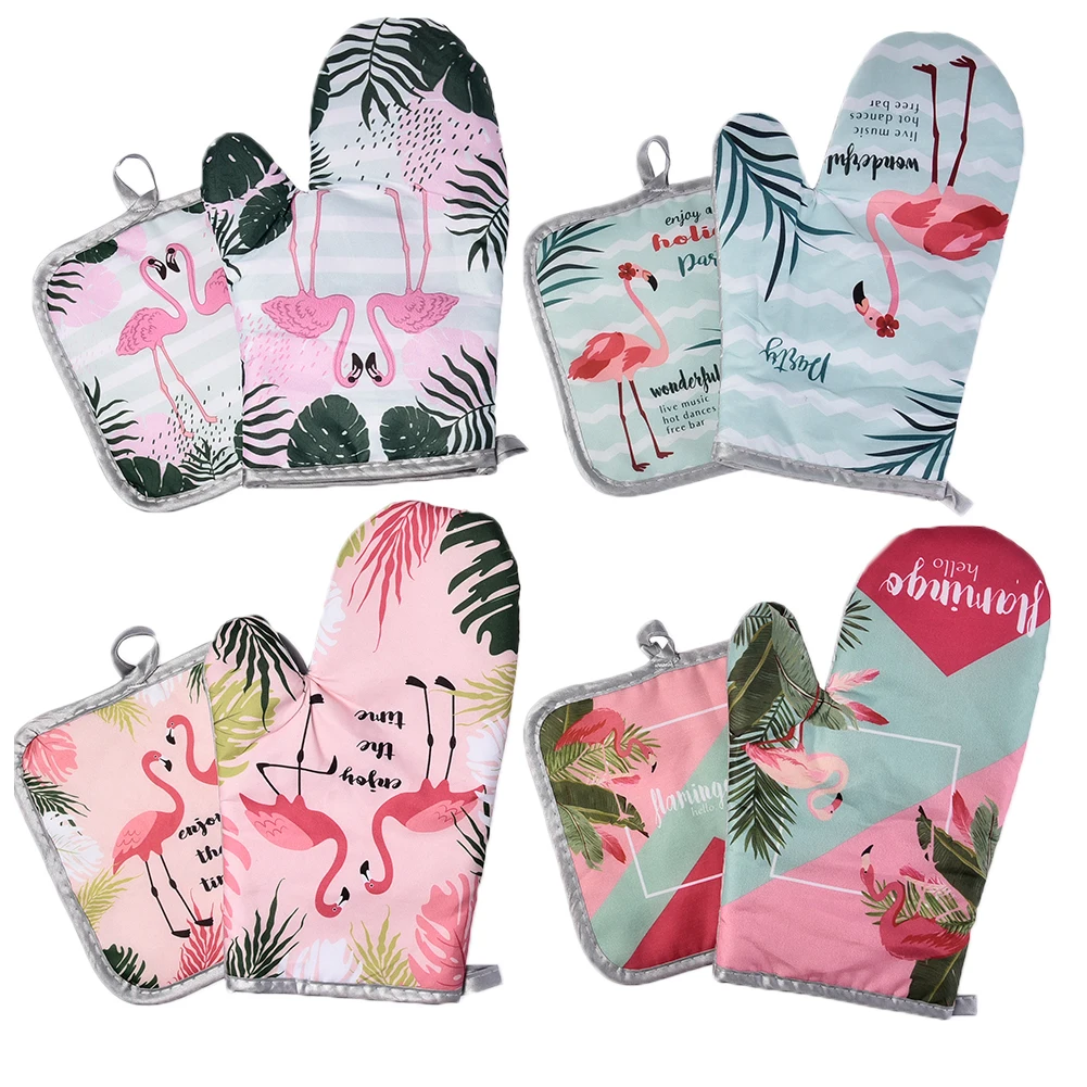 2pcs Flamingo Pattern Microwave Gloves Cotton And Linen Padded High Temperature Resistant Oven Gloves For Kitchen Cooking Tool