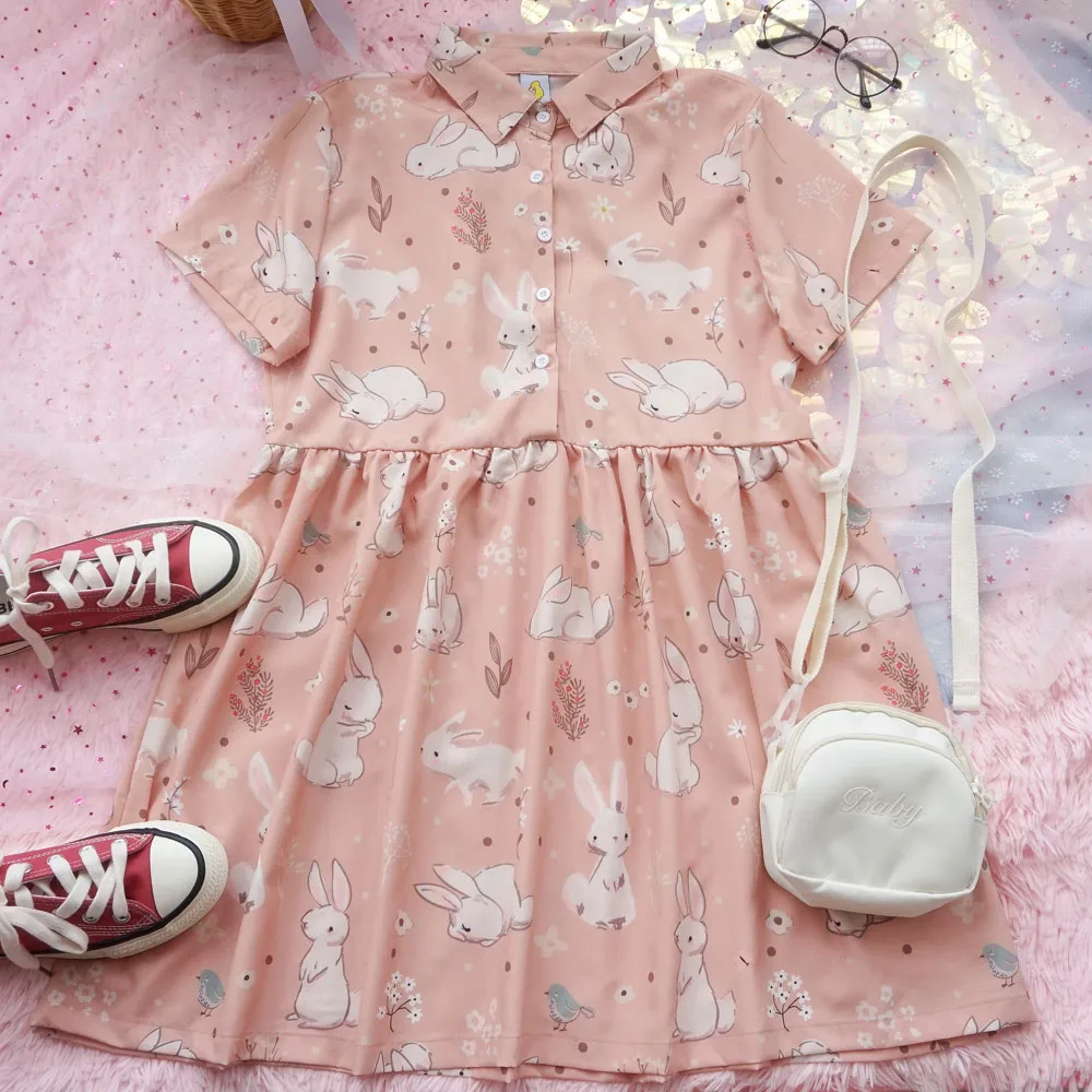 Soft Girl Kawaii Bunny Pink Dress Teens Green 2022 Summer Vintage Cute Rabbit Women Casual Chiffon Short Sleeve Shirt Dresses