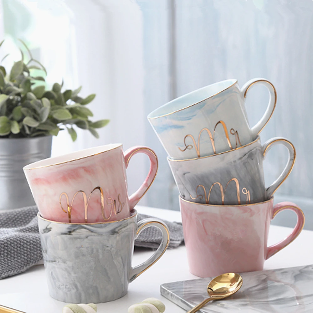 Handpainted Gold Monogram Natural Marble Porcelain Coffee Mug Mr and Mrs Tea Milk Cups and Mugs Creative Wedding Gift Dropship