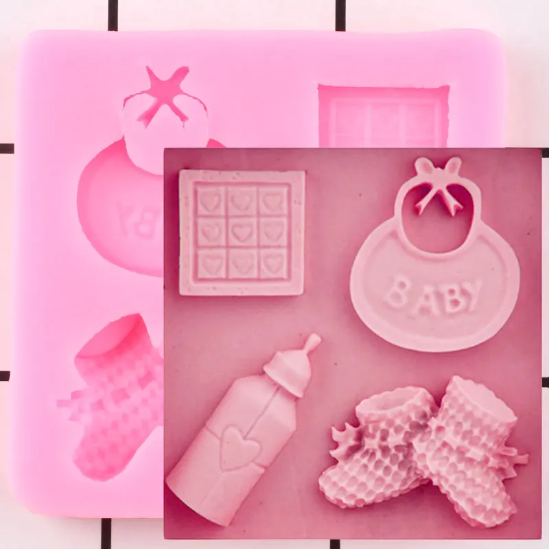 Baby Shower Party Silicone Mold Baby Shoes Fondant Molds Saliva Bottle Chocolate Candy Clay Resin Moulds Cake Decorating Tools