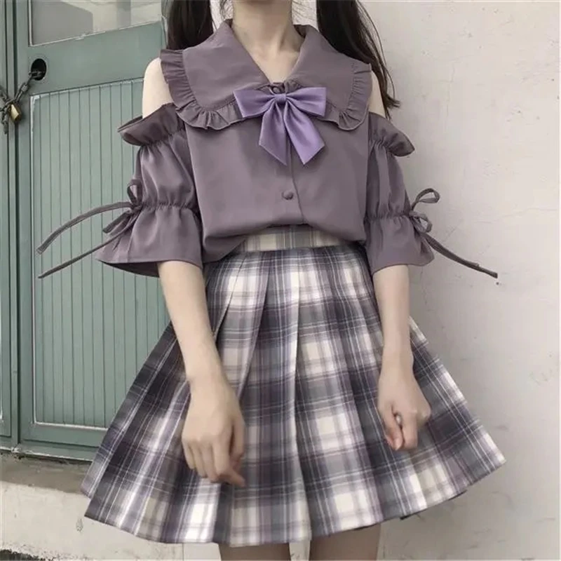 Student Girl Suit Trumpet Sleeve Blouses + Plaid Skirt Uniform Women Cold Shoulder Strapless Short Sleeve Tops Breathable Blouse