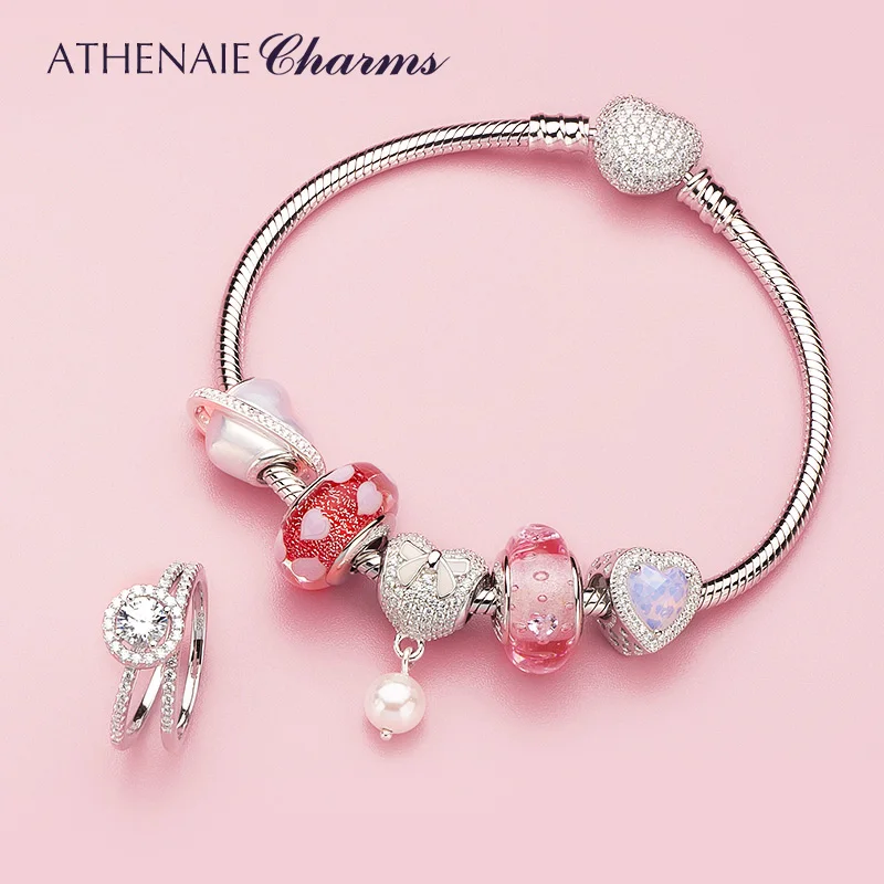 ATHENAIE Genuine Murano Glass 925 Silver Core Effervescence Clear Heart CZ Charms Bead Fit All European Bracelets Color Pink