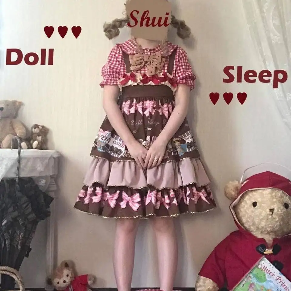 Japanische Lolita Jsk Kleid süße Lolita Kleider weibliche weiche Mädchen Rüschen Cookie Print Frauen Spitze Riemen Kleid