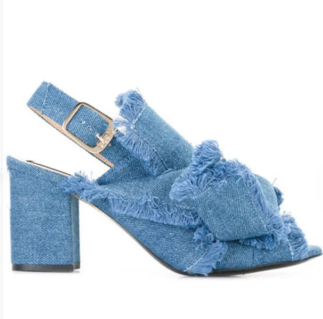 

Ladies Big Knot Blue Denim Cloth Sandals Woman Peep Toe Back Strap Buckled Jean Fashion Chunky Heels Butterfly knot Shoes