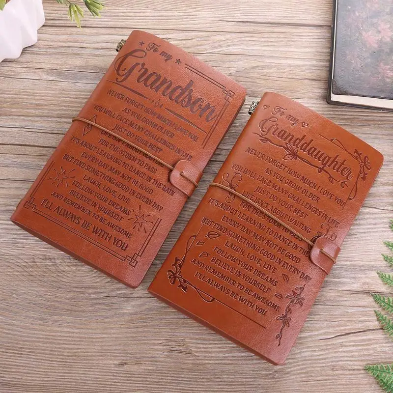 

Vintage Engraved Faux Leather Journal Notebook Diary to Grandson Granddaughter Notepad Office Supplies