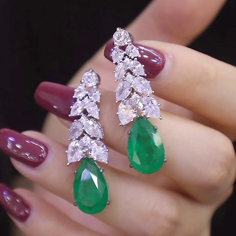 ZOCA Classic S925 Silver Synthetic Emerald Paraiba Tourmaline Fine Jewelry Accessory Luxury Leaf Shape Drop Earrings Party Lady