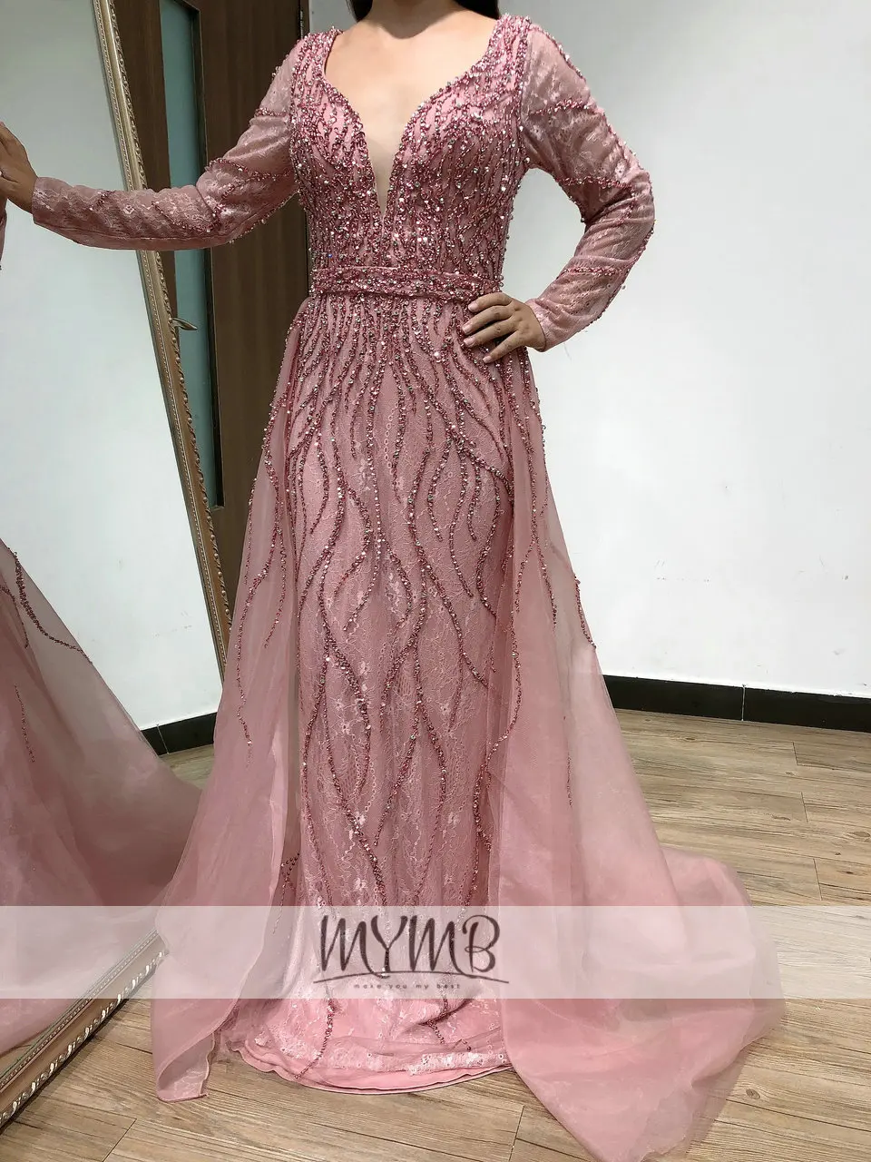 Sang Trọng Người Yêu Tay Dài Dạ Hội Plus Size Nữ 2022 Hàng Mới Về Hồng Haute Couture Đầm Chất Lượng Cao MY41143