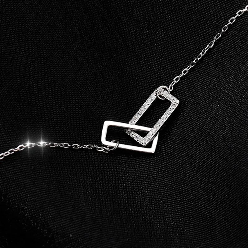 New 925 Sterling Silver Shiny Rectangle Double Zircon Circle CZ Zirconia Necklaces Pendants Gift For Girl Choker NK064