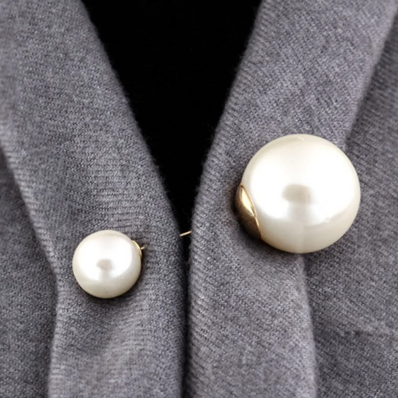 Simple Double Head Large Imitation Pearl Brooch Pin Gold Color Rhinestone Lady Fashion Cardigan Clothing Safety Pin Accessories