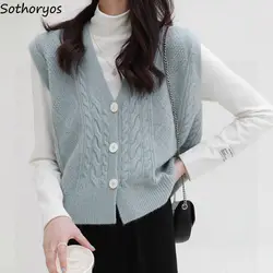 Elegant Tender Sweater Vests Women Solid Simple Classic Warm Spring Female All-match Stylish V-neck Jumpers Sleeveless Knitwear