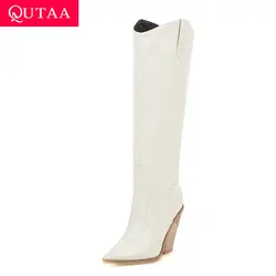 QUTAA 2020 plac szpilki PU skóra Slip on wypoczynek kobiet buty zimowe ciepłe futro moda Pointed Toe buty do kolan Size34-43