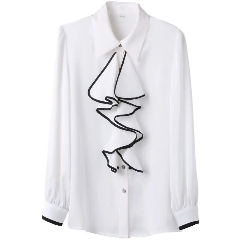 Ruffles Wave Cut Women\'s blouses and shirts 2023 Spring Elegant Fashion Office Lady Commute Lapel Button Chiffon Shirts female