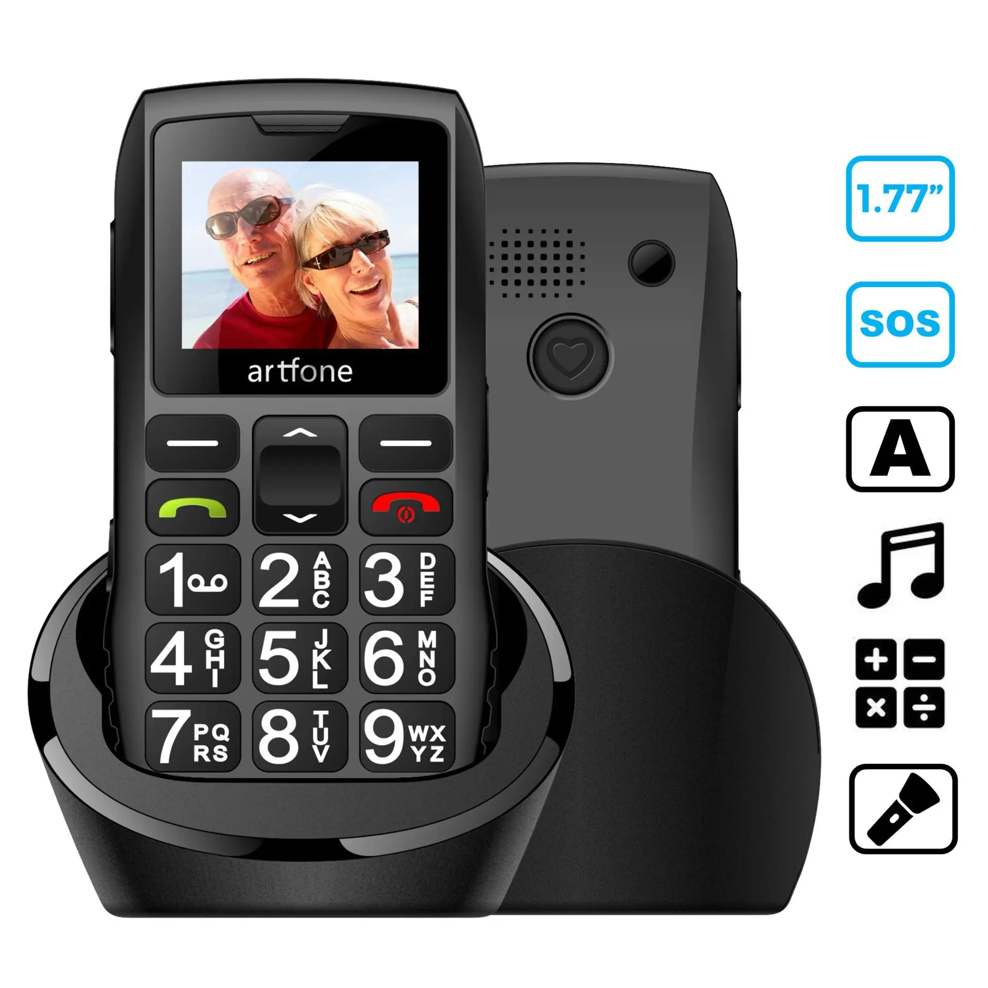 Bar Senior Mobile Phone Artfone C1+ With Free Charging Dock Big Rubber Keypad  For Elderly Dual Sim One Key SOS FM 1400mAh Cell