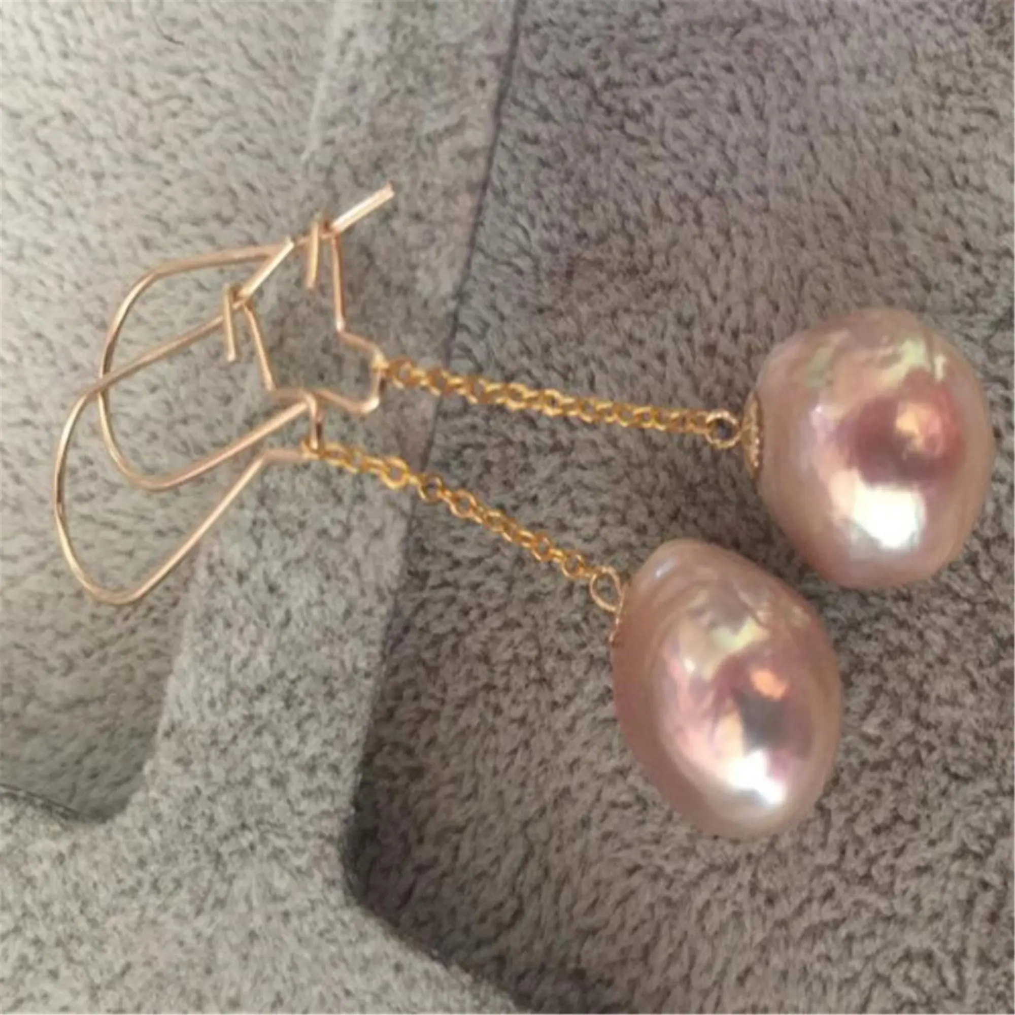 12-14MM Pink Baroque Pearl Earrings 18k Ear Drop Hook Cultured AAA Luxury Jewelry Earbob Natural Real