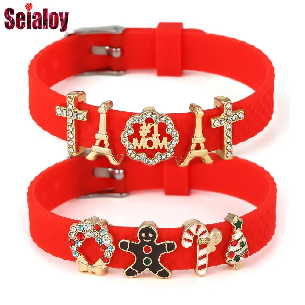 Seialoy Red Quality 10mm Silicone Belt Bracelets For Women Girls Gold Color Beads Charm Adjustable Bangle Kids Xmas Jewelry