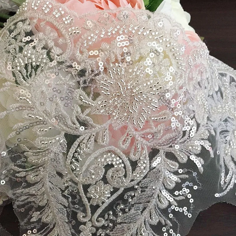 Silver Beaded Lace Trim, Wedding Dress Accessories, DIY Decorative Fabrics, High-end, Silver, New, RS2910