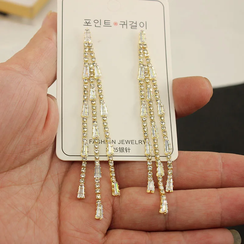 Shiny Full Rhinestone Drop Earrings for Women Square Long Tassel Crystal Dangle Earring Weddings Fashion Jewelry Gifts A349