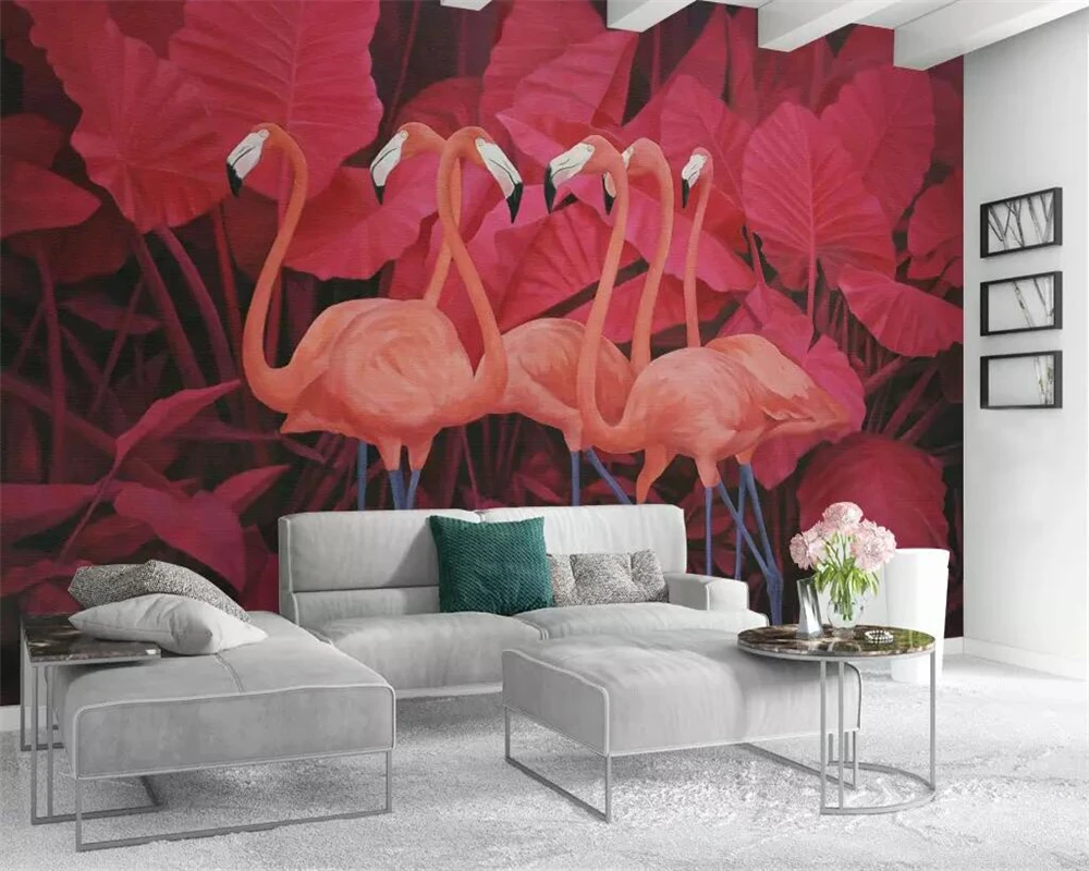 WELLYU3D  Wallpaper mural red tropical plant leaves flamingo TV background wall home decor living room bedroom  wallpaper3D