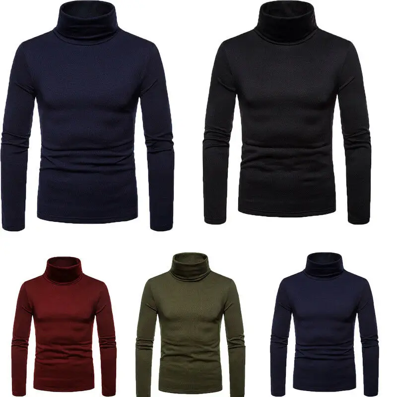 Men's Warm Thermal Pullover Top Solid Color Long Sleeve Turtleneck Slim Fit Stretch T-shirt Casual Kintted Basic Tops