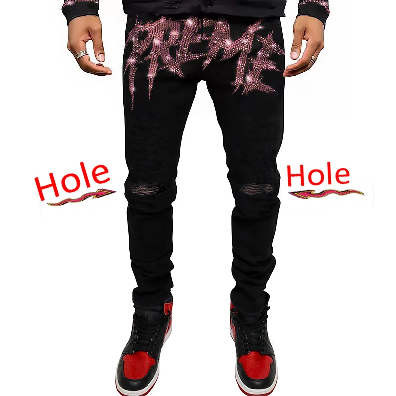 High Quality Mens Stretchy Ripped Skinny Jeans Slim Hole Black Trousers Punk Letter Rhinestone Streetwear Men Denim Pencil Pants