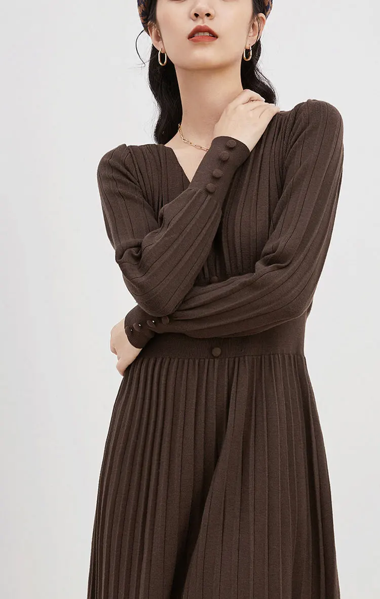 

2022 Spring Women Dress High Waist V-Neck Long Sleeve Kintted Dress Women Solid Slim A-Line Dress Vestidos Femme High Street