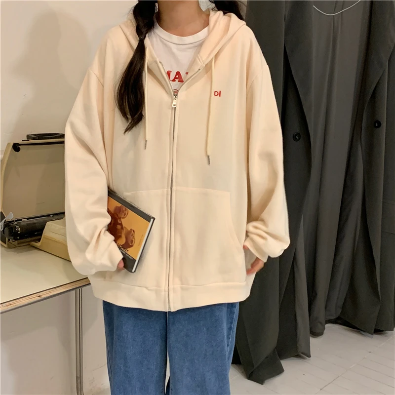 Oversize Orange Pink Sweatshirt Women Hooded Spring Autumn New Korean Loose High Quality Cotton Zipper Jacket Letter Street Wear