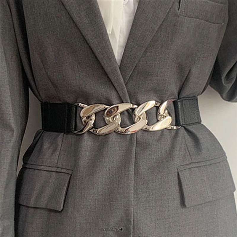 

Gold Chain Belt Elastic Silver Metal Waist Belts For Women High Quality Stretch Cummerbunds Ladies Coat Chain Belt Waistband