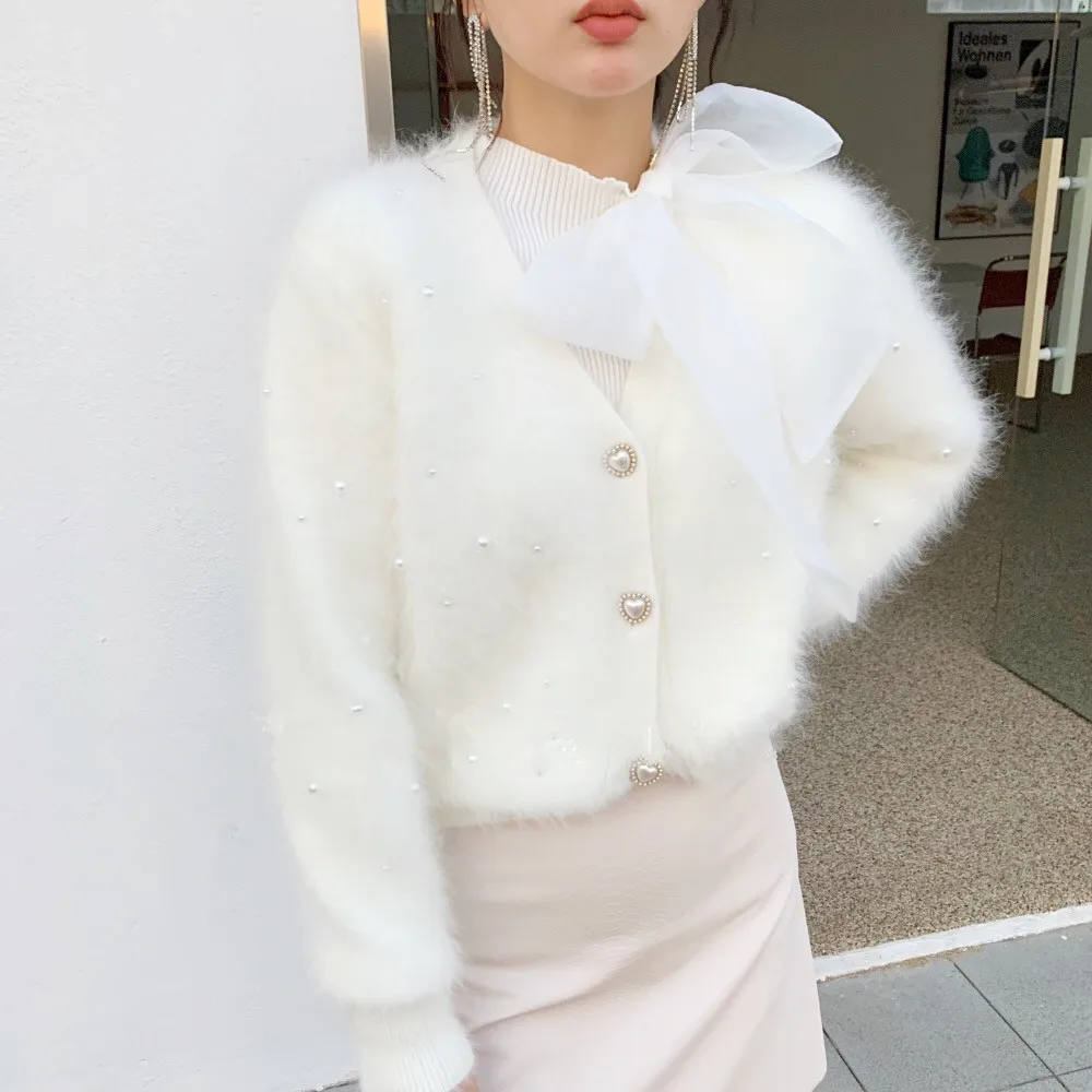 High Quality Korean Autumn Winter Mink Cashmere Sweater Coat Fashion Women V Neck Pink Beading Soft Thick Warm Cardigan Outwear